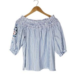 Rebellion Striped Off Shoulder Smocked Top Embroidered Floral Puff Sleeve Blue